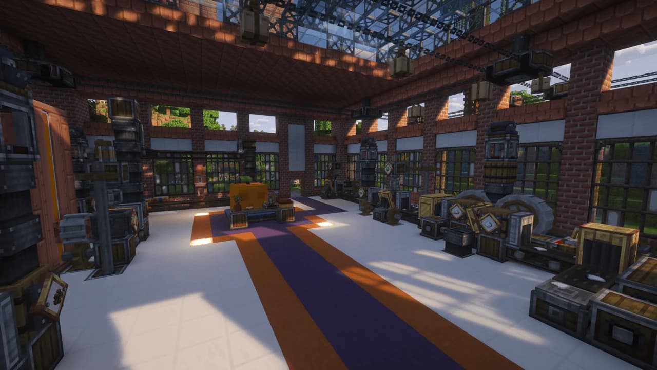A Create workshop with presses, gears and belts beneath a glass roof