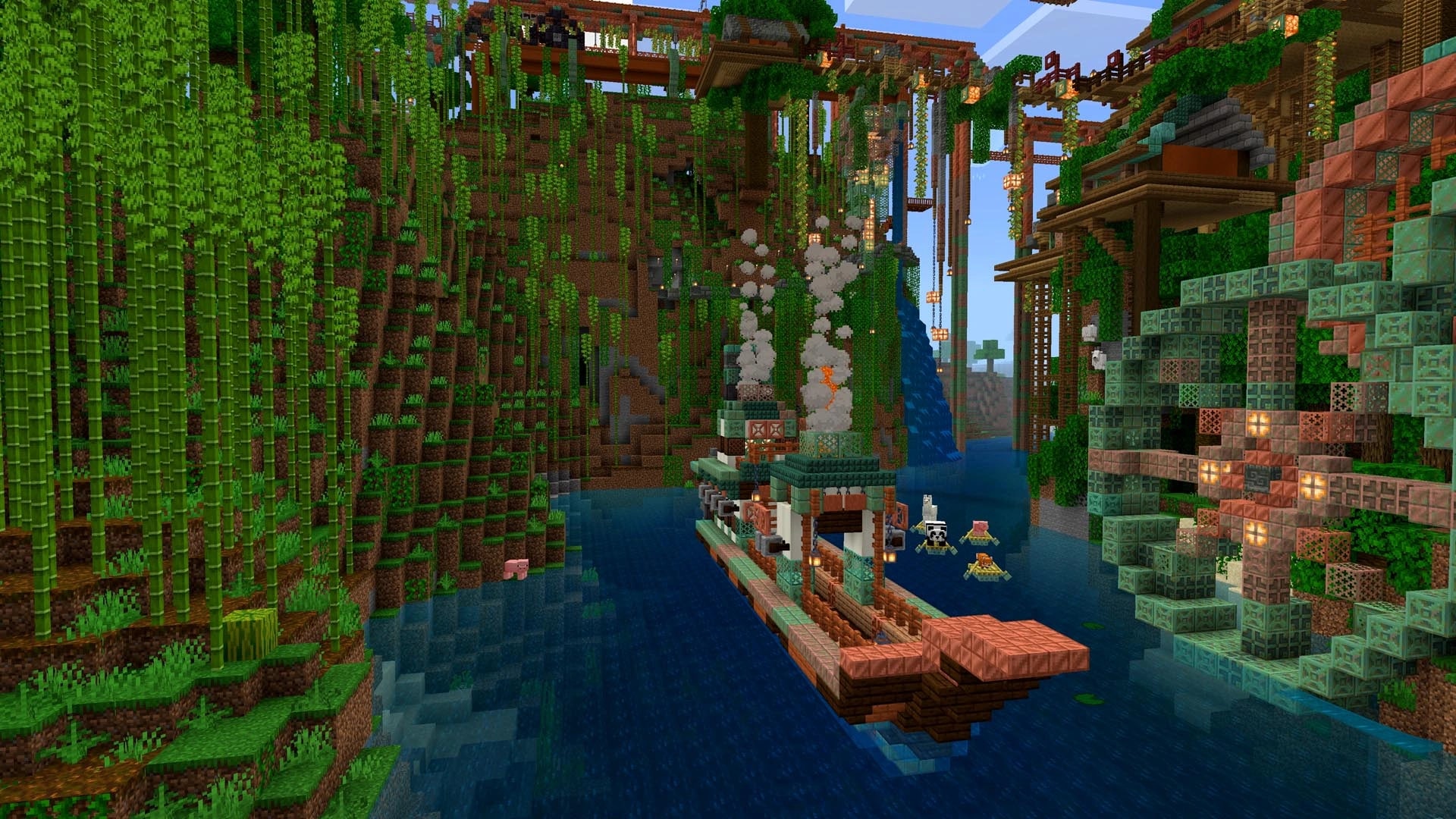 Large tropical Minecraft world with a ship, settlement and working mechanisms