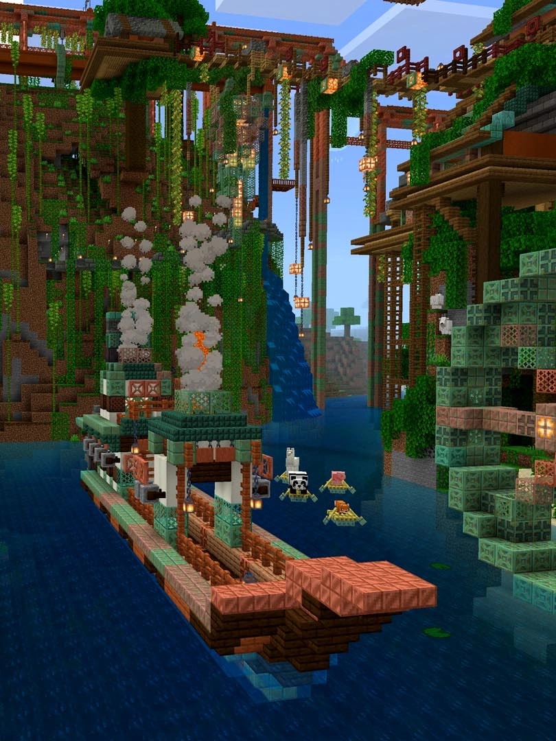 Large tropical Minecraft world with a ship, settlement and working mechanisms