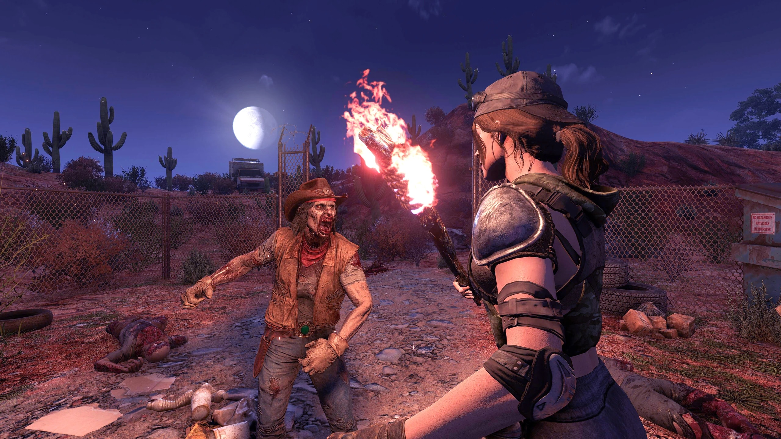 Official 7 Days to Die screenshot featuring a survivor and a burning zombie