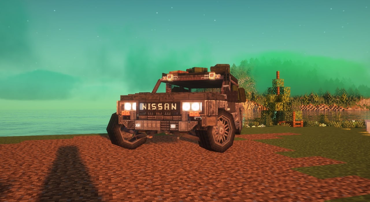 Expedition SUV under the northern lights in Minecraft