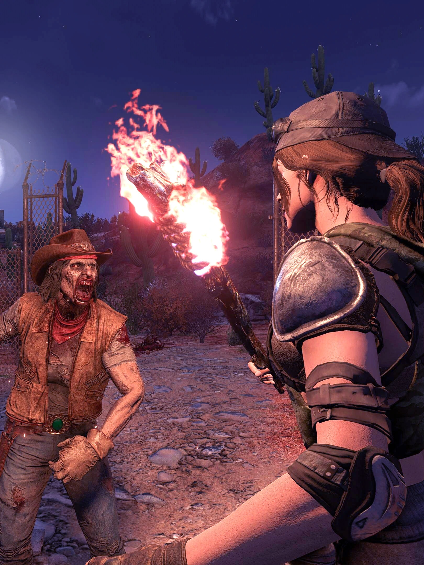 Official 7 Days to Die screenshot featuring a survivor and a burning zombie