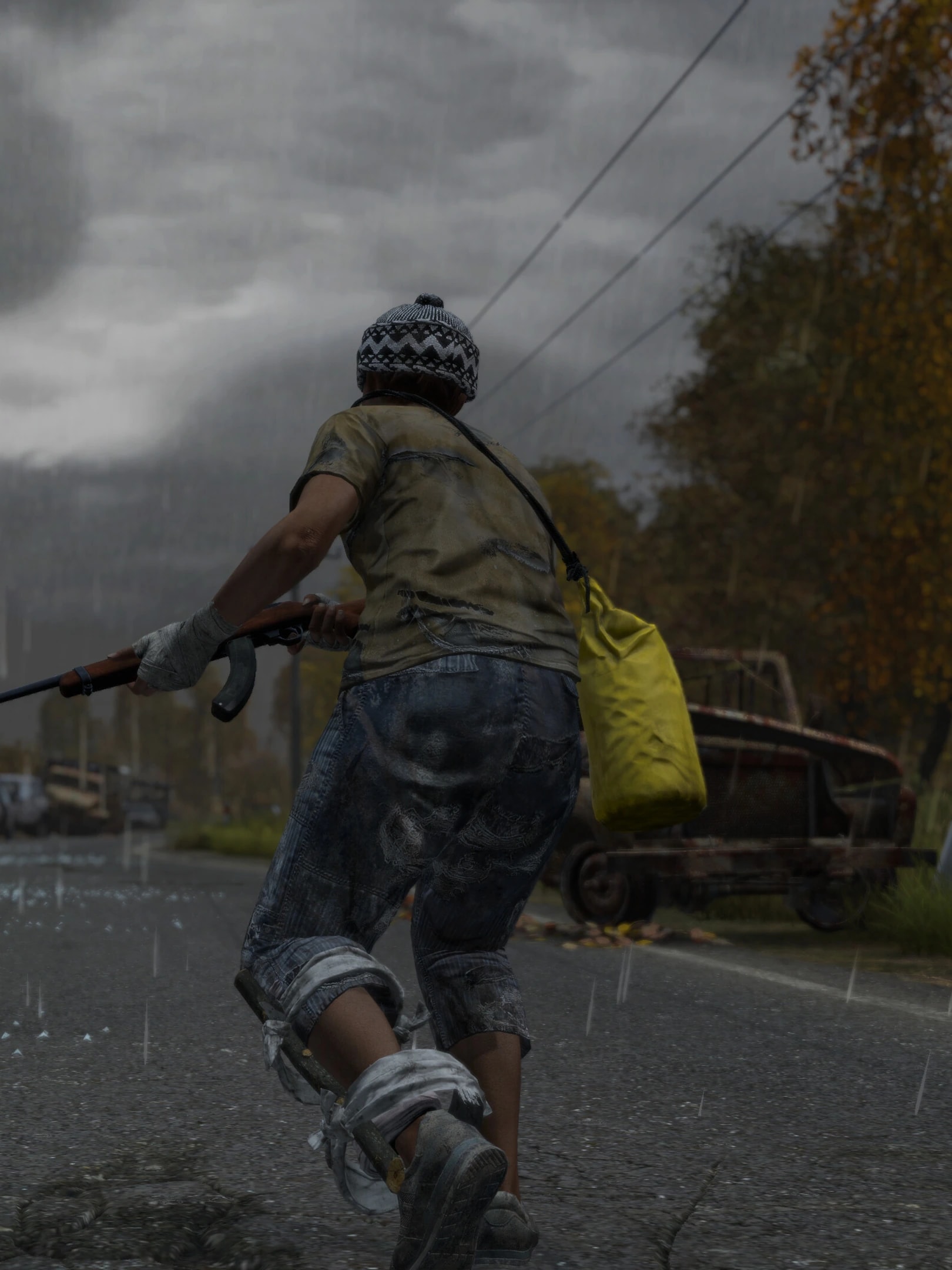 Official DayZ screenshot with a survivor running through the rain