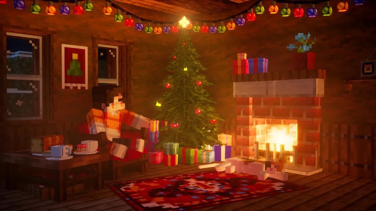 A cosy Minecraft home: a character relaxing by a fireplace beside a decorated Christmas tree and presents