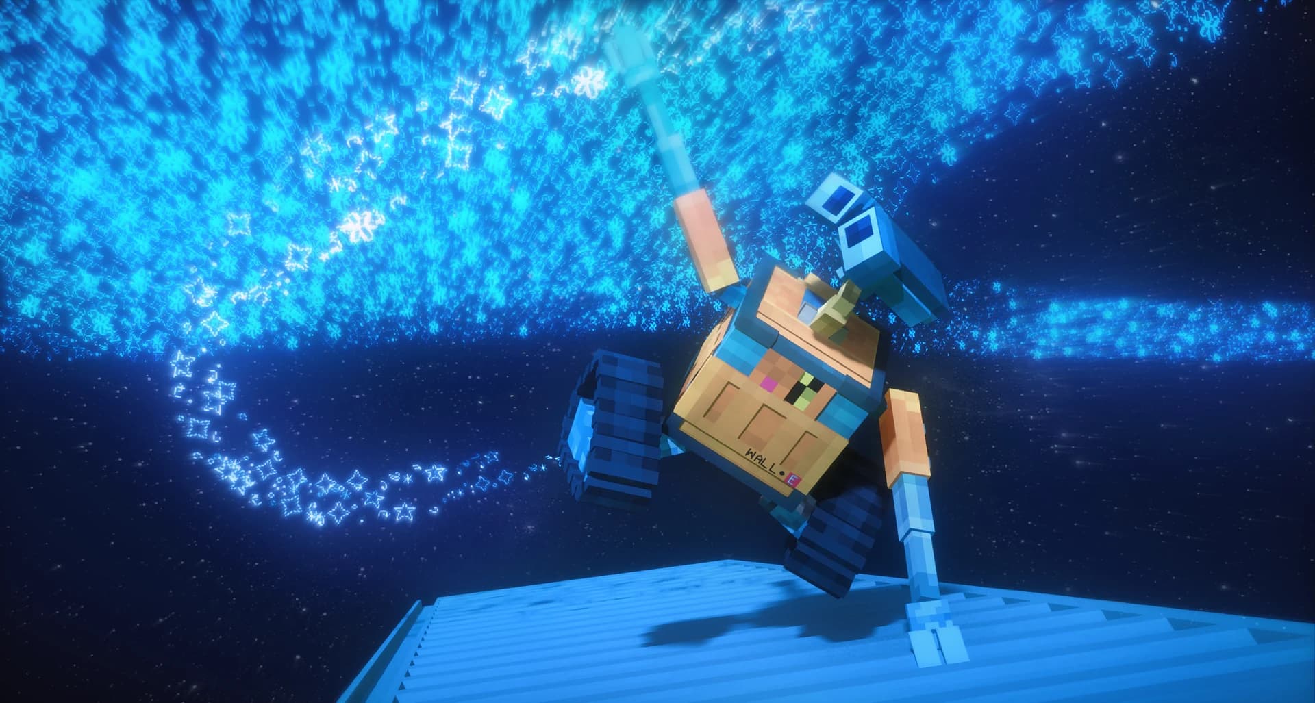 A block-built robot beneath a starry sky and glowing blue particles