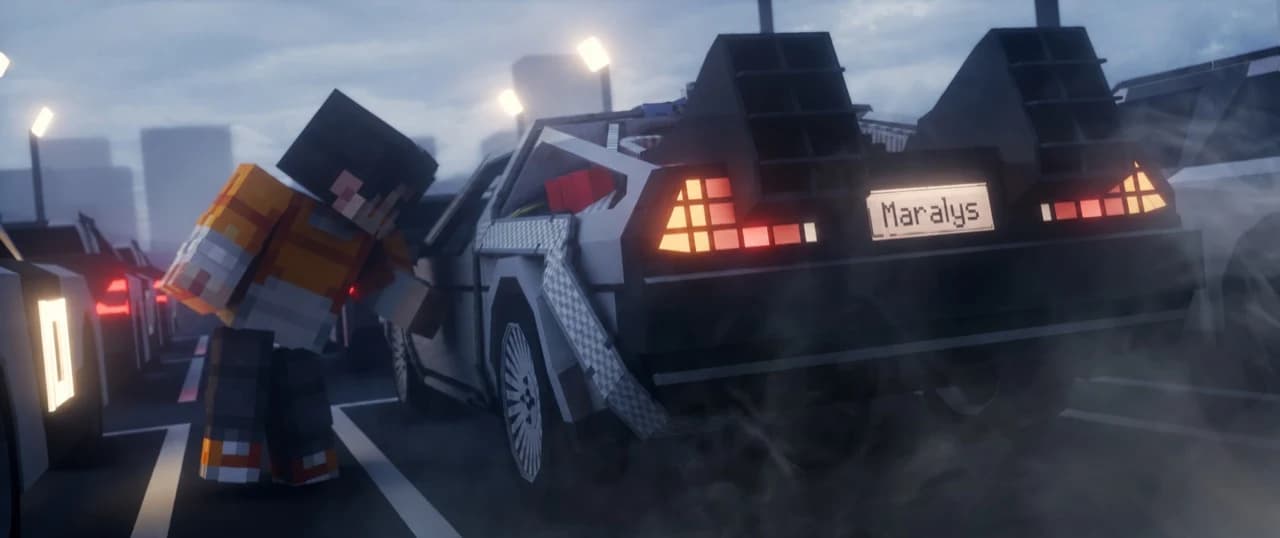 A Minecraft character beside a futuristic car with its door raised on a misty city street